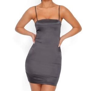 TAUT & BOTHERED SATIN STRAPPY MINI DRESS IN GREY
